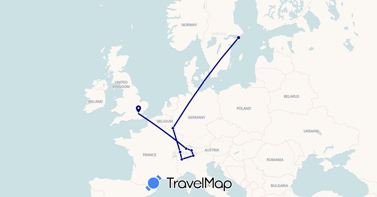 TravelMap itinerary: driving in Switzerland, United Kingdom, Liechtenstein, Luxembourg, Sweden (Europe)